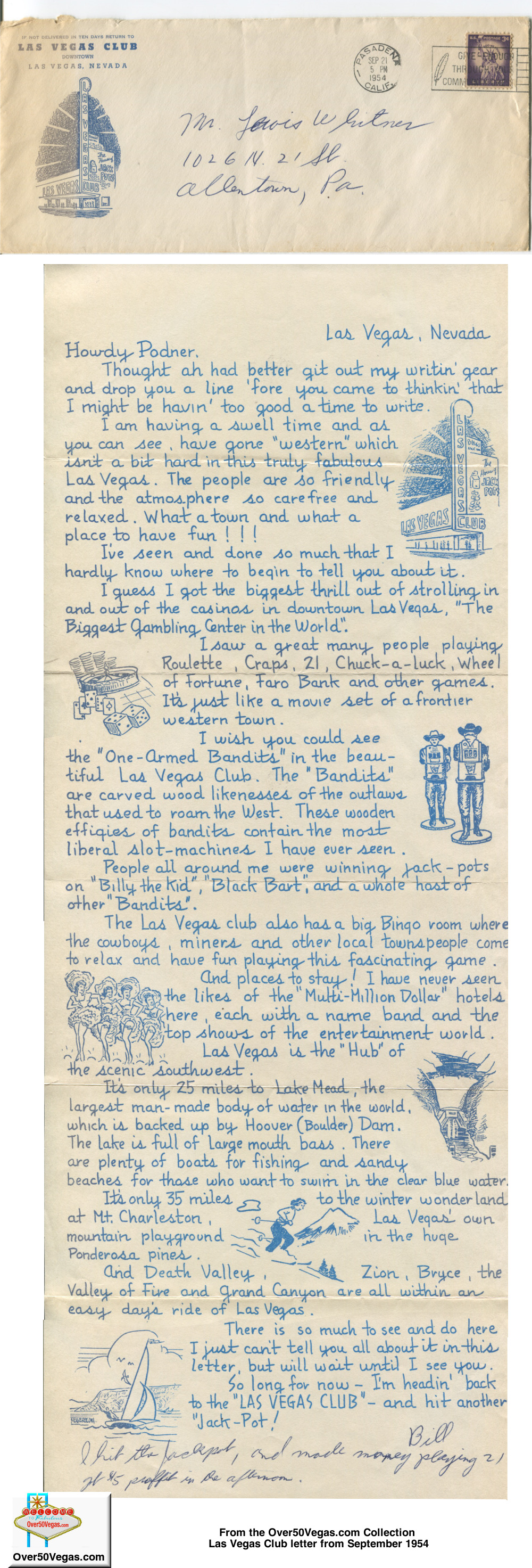 Letter and original envelope postmarked September 21, 1954 from the Las Vegas Club. 